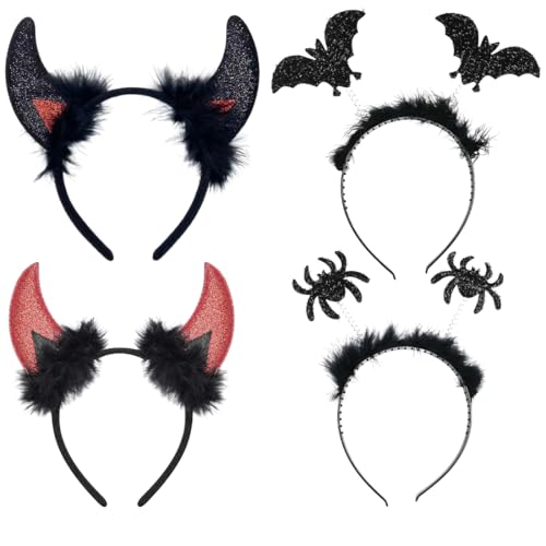 4 Stück Halloween Teufelsohren Haarband, Schwarzer Plüsch Spinne und Fledermaus Haarreif, Schwarzer und Roten Haarreifen mit Teufel Hörner Ohren für Fasching Karneval Halloween Party Kostüm von JYNVO
