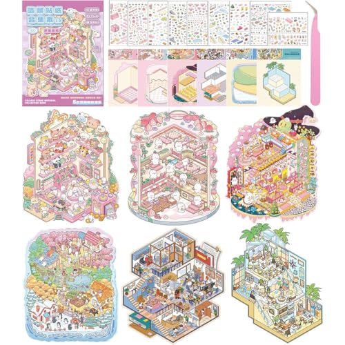 6 Sets 3D House Stickers, Miniatur Haus Sticker 3D mit Rosa Pinzette, DIY Cozy Little Home House Scene Sticker Book, Fun DIY Stickers Scene, Relief Stress für Erwachsene und Kinder von JYNVO