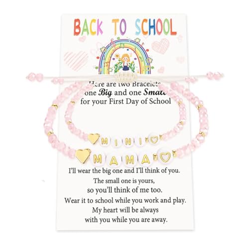 Einschulung Geschenk Mädchen,MAMA Rosa Perlenarmband 2pcs + Back to School Karte Set, Mutter-Tochter Passendes Armband, Gefühlvolles Schulanfangsgeschenk für Mädchen von JYNVO