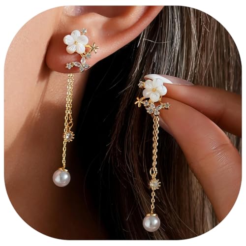 Hängende Perlen Ohrringe Gold Ohrringe Damen Zirkonia Blumen Ohrringe form Hypoallergen Minimalistisch Ohrringe Ohrstecker Schmuck Geschenke lange Hochzeits Ohrringe von JYNVO