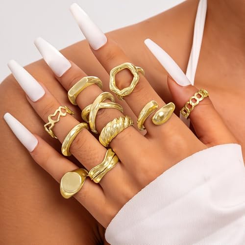 JYNVO 10 Stück Gold Ringe für Damen Chunky Rings Klobige Ringe Knuckle Ringe Offene Verstellbarer Ring Stapelbare Fingerring Gold Chunky Dome Ring Dicke Offene Ringe Set Stapel Ringe für Frauen von JYNVO