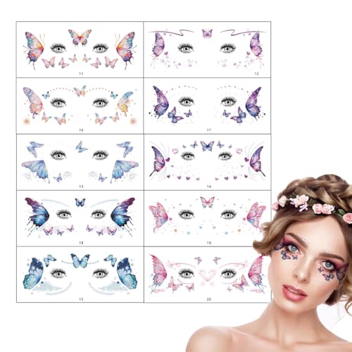 JYNVO 10PCS Schmetterling Augenwinkel Temporäre Tattoos, Glitzer Make-up Aufkleber für Musikkarneval, Party, Make-up von JYNVO