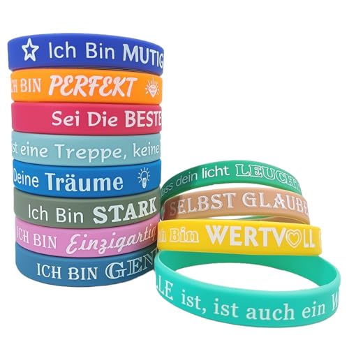 JYNVO 12 Stück Motivationsarmbänder Kinder auf Deutsch 18cm Silikonarmband Mitgebsel Mitbringsel Kindergeburtstag Mutmacher Geschenk für Einschulung Schulkind Abschiedsgeschenk von JYNVO