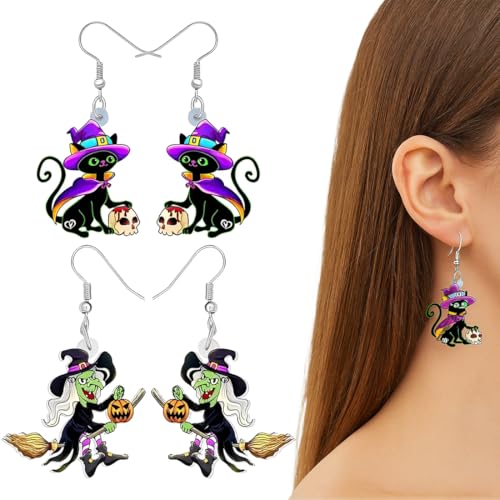 JYNVO 2 Paar Cute Acryl Niedliche Schwarze Katze Hexe Ohrringe Kätzchen Baumeln Muttertag Katze Geschenk Neuheit Schmuck für Frauen Mädchen Charms von JYNVO