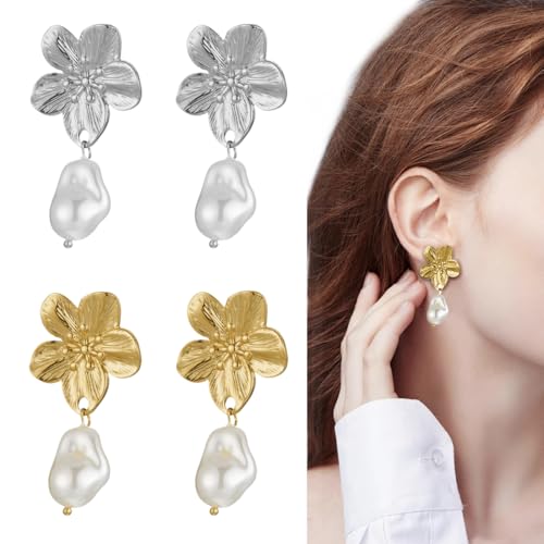 JYNVO 2 Paare Blumen Metall Ohrringe (Gold + Silber) von JYNVO