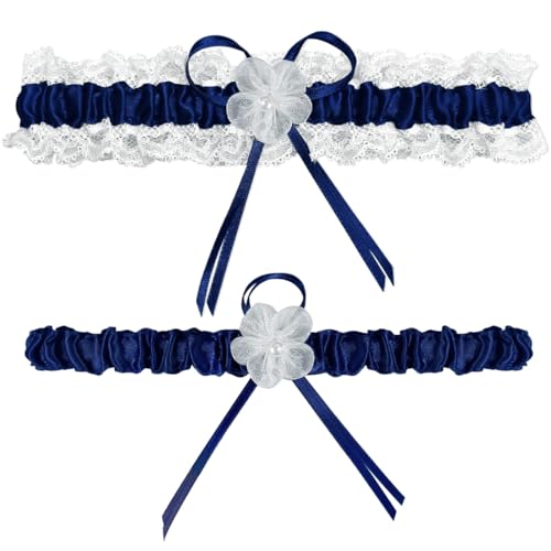 JYNVO 2 Stück Braut Strumpfband Set, Strass Strumpfband, Weißes Spitzen Strumpfband und blaues Band, Blaue Hochzeitsaccessoires, Braut Strumpfband Geschenk von JYNVO