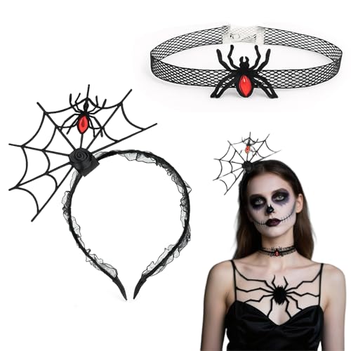 JYNVO 2-teiliges Set mit Halloween-Spinnennetz-Haarband und schwarzem Spitzen-Spinnenhalsband, gruselige Hexen-Spinnen-Haarschmuck, Damen-Cosplay-Kostüm-Karneval-Accessoires von JYNVO