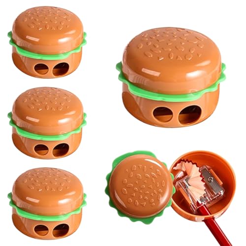 JYNVO 4 Stück Burgerform Anspitzer mit Behälter 4 Farben, Anspitzer mit Doppellöchern und Deckel, Handheld Bleistiftspitzer für Dicke und Dünne Stifte, Anspitzer Kinder, Dosenspitzer für Schule Büro von JYNVO
