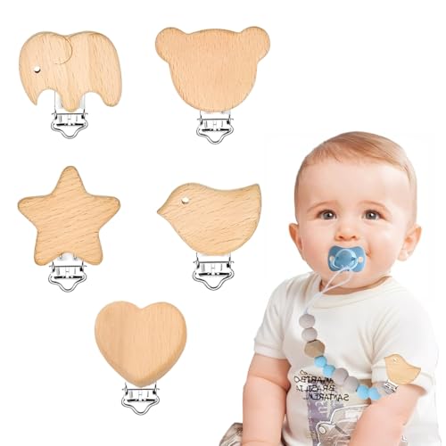 JYNVO 5 Stück Schnullerclip Holz, Baby Schnullerketten Clips Schnuller Clips Verhindert das Fallenlassen oder Verlieren des Schnullers Schnullerketten Zubehör für DIY Schnullerkette Basteln von JYNVO
