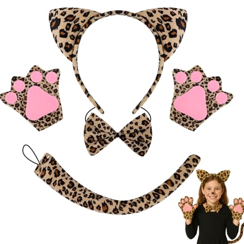 JYNVO Leoparden Kostüm Set Tier Kostüm Tier Verkleiden Set Leopard Haarreif Fliege Schwanz Pfoten Handschuhe Rock Set Kostüm Dschungel für Dschungel Party Maskerade(Braun) von JYNVO