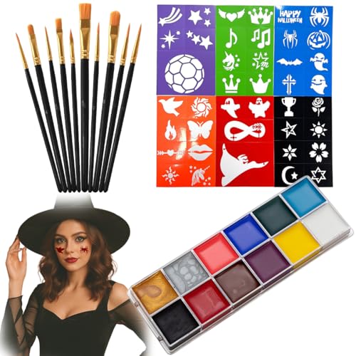 Kinderschminken Set, Waschbar 12 Farben Schminkfarben Schminkpalette für Kinder und Erwachsene, Ostern, Kinderschminke Fasching mit 10 Pinsel, 6Tattoos Vorlagen von JYNVO