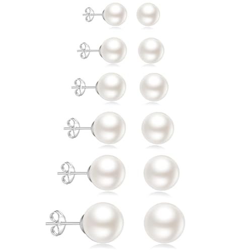 Perlen Ohrringe Silber, 6 Paar Perlenohrringe Stecker Damen Weiße, 6-16mm Ohrstecker Silber mit Perle, Wasserfest Hypoallergene Modeschmuck Ohrringe für Frauen Mädchen Braut Geschenk von JYNVO