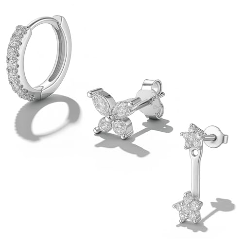 Silber Ohrringe Set für Damen, 3 Paar Stapelbares Ohrstecker & Creolen, Hypoallergene 925 Silber Schmuck, Trendiges Ohrpiercing Set für Mehrere Piercings von JYNVO
