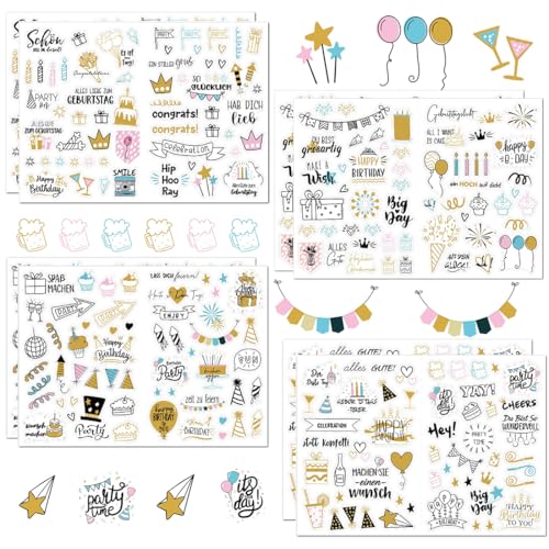 Sticker Geburtstag 550 Motive, 8 Blätter Selbstklebende Aufkleber Geburtstag, Gästebuch Geburtstag für Gästebuch Party Dekoration, DIY Karten, Fotoalbum von JYNVO