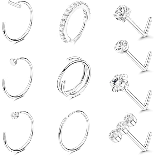JYNXOR 10 Pcs Nasenpiercing Silber Nasenring Nasenstecker Nasenpiercing Set Nasenpiercing Stecker mit CZ Chirurgenstahl Nostril Piercing Schmuck Damen 20G Hypoallergen Nasenstecker Piercing Nase von JYNXOR