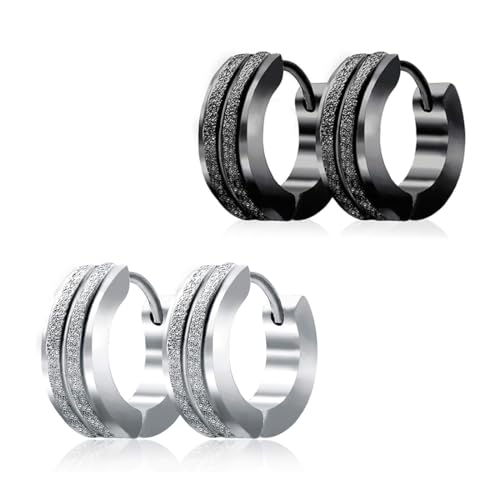 JYNXOR 2 Paar Klassische Creolen,Herren Ohrringe Edelstahl Creolen Hoops Earrings Set Ohrringe Männer Frauen Knorpel Helix Piercing Ohr Mode Punk Ohrringe Creolen (schwarz und silber) von JYNXOR