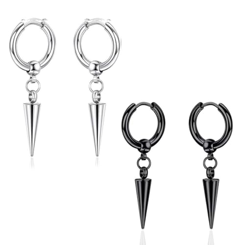 JYNXOR 2 Paar Ohrringe Herren Edelstahl Set,Ohrstecker, Creolen, Gothic Piercing Knorpel Ohrringe Baumelnde Piercing Knorpel für Männer Damen(Schwarz+Silber) von JYNXOR