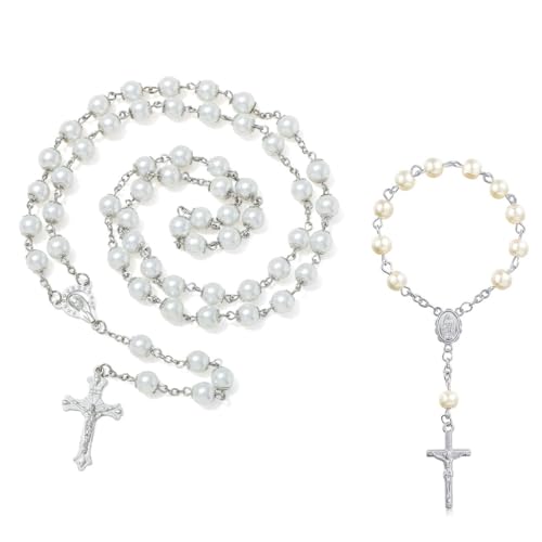 JYNXOR 2 Pcs Rosenkranz Katholisch, Rosary Armbänder und Halsketten, Rosenkranz Kette und Autorosenkranz, Katholische Rosenkranzperlen - Firmung Geschenke Mädchen, Taufe Kommunion Hochzeit/Party von JYNXOR