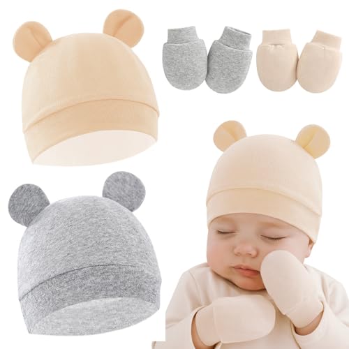 JYNXOR 2 Sets Neugeborenes Baby Mütze Hut und Handschuhe Set Beanie Bekleidung Unisex Infant Hut Kindergarten Mütze Baby Jungen Mädchen 0-6 Monate(Apricot, Grau) von JYNXOR