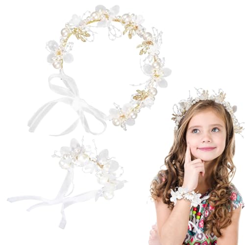 JYNXOR 2-teiliges Set Prinzessin Weiße Blume Kopfschmuck Perlen Haarkleid+Armband, Haarschmuck für BlumenmäDchen, Perlenkopfschmuck für MäDchen PerlenstirnbäNder für Damen MädchenHaarschmuck von JYNXOR
