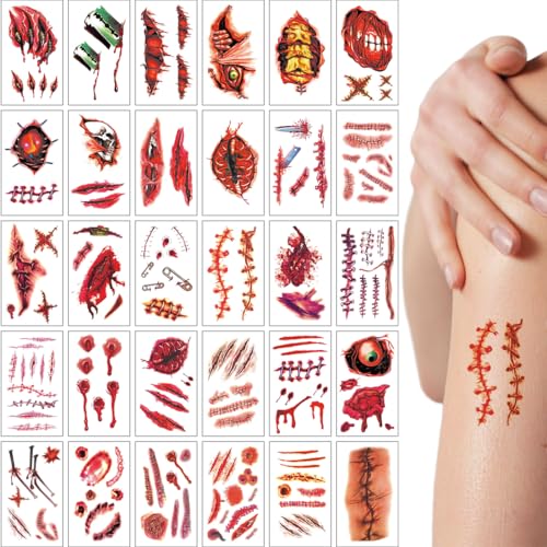 JYNXOR 30 Blatt Halloween Narben Tattoo, Realistische Zombie Scars Aufkleber mit Gefälschte Wunde Kunstblut, Wasserdicht Spezial Fx Kostüm Make-up für Halloween Cosplay von JYNXOR