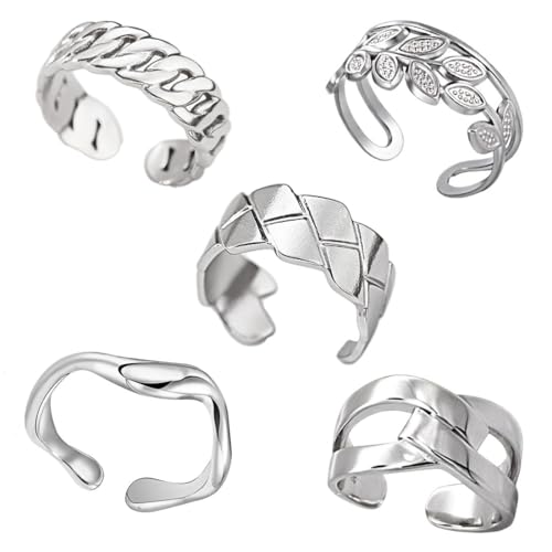 JYNXOR 5 Pcs Ringe Silber Set für Damen Edelstahl Knuckle Ringe Stapelbare Fingerring Offene Verstellbarer Ringe für FrauenVintage Boho Midi Ringe Set Minimalistischer Fingerringe Damenring Set Silber von JYNXOR