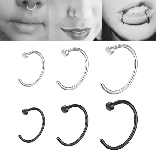 JYNXOR 6 Stück Fake Nasenpiercing Nasenring Septum Fake Nasen Piercing Hoop Set Knorpel Dünn Klein Helix Hypoallergen, 8MM/10MM, Nase piercing Schmuck Damen-Silber, Schwarz von JYNXOR