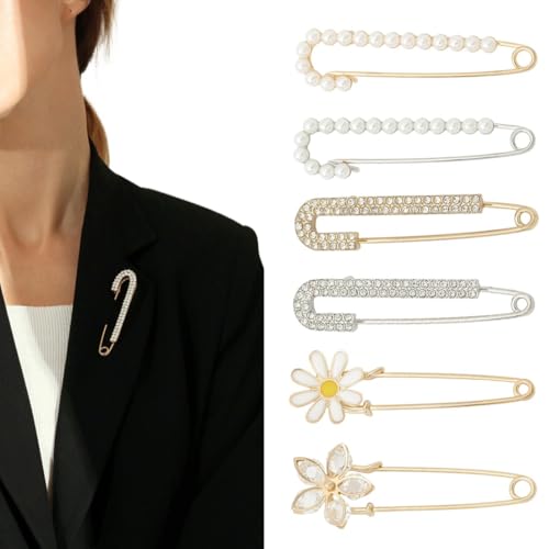 JYNXOR 6 Stück Perle Brosche Sicherheitsnadel Brosche Clips Pullover Kristall und Perle Pins und Kristall Shawl Clips Faux Schal Mantel Schmucknade Für Damen Kleid Hosen Rock Taille von JYNXOR