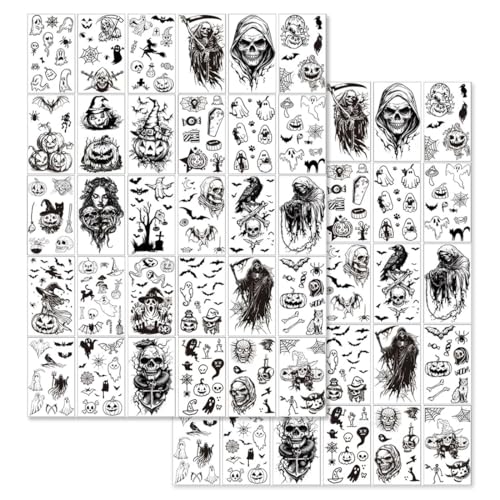 JYNXOR 60 Sheets Temporary Tattoos, Large Fake Tattoos Gangster Prisoner Day of the Dead, Halloween Tattoo Gesicht, Fake Tattoos, Style Culture Mexico Clown Tattoo Sticker for Men Women Adults von JYNXOR