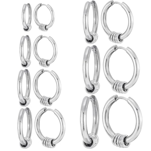 JYNXOR 7 Paar Creolen Ohrringe Für Männer Damen, Chirurgenstahl Creolen Ohrschmuck Set Rund Ohrringe Snug Knorpel Herren, Hypoallergene Knorpelschläfer Huggie Ohrringe, Piercing Schmuck, Silber von JYNXOR