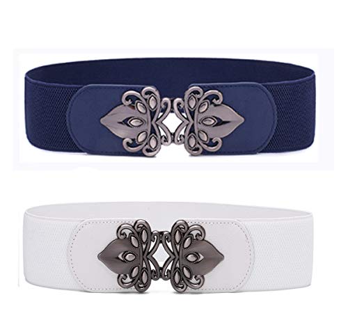 JYOHEY 2 Stück Taillengürtel Breit Damen Breiter Taillengürtel Gürtel Damen Kleid Metall Haken Elastisch Taille Gürtel Vier Farben Schwarz Rot Blau Weiß von JYOHEY