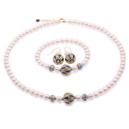 JYX 3in1 Perle Cloisonne Schmuck Set - Halskette (17,5 "Länge), Armband & Ohrringe - mit Sterling Silber Ohrhaken (7-8mm weiße Süßwasserperle) von JYX Pearl