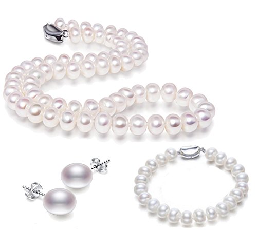 JYX AAA Perlenkette Weiße schmuckset perlen perlenschmuck set Große 10-10,5 mm fast runde, natur-weiße Süßwasserperlen-Halskette, Armband und Ohrring, Schmuck-Set, Silber-Verschluss von JYX Pearl