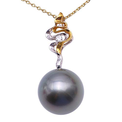 JYX Halskette mit Anhänger, 18 Karat Gold, 14,5 mm, schwarze runde Tahiti-Perlen, 45,7 cm, Diamant, Perle von JYX Pearl