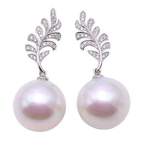 JYX Pearl Damen-Ohrringe 18 Karat Gold AAA+ Qualität Luxuriöse echte 15,5 mm runde weiße Südsee-Zuchtperlen baumeln Ohrringe mit Diamanten für Frauen von JYX Pearl