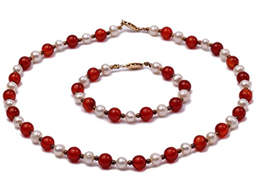 JYX Pearl - Echt Zuchtperlen Set weiße Süßwasserperle und rote Achat Perlen Halskette und Armband-Set von JYX Pearl