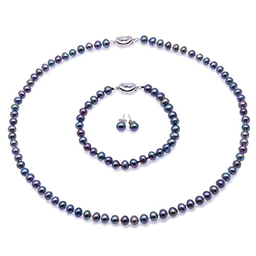 JYX Perlen Halskette Set - 6-7mm AA Schwarz Flache Runde Süßwasser Perlenkette, Armband und Ohrstecker Set von JYX Pearl