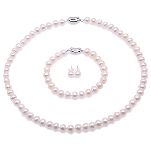 JYX Perlenkette weiß Suesswasser Perlenkette Set Schmuckset Silber 925 damen- 8-9mm AAA Flache Runde Süßwasserperlen Halskette, Armband und Ohrstecker Set (weiß) von JYX Pearl