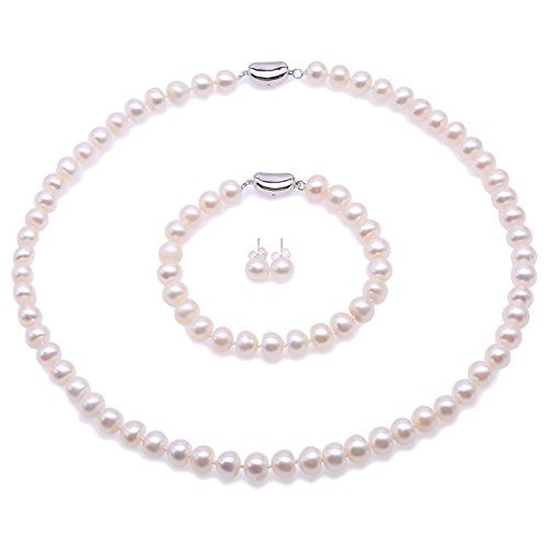 JYX Perlenkette weiß Suesswasser Perlenkette Set Schmuckset Silber 925 Damen- 8-9mm AAA Flache Runde Süßwasserperlen Halskette, Armband und Ohrstecker Set (weiß) von JYX Pearl