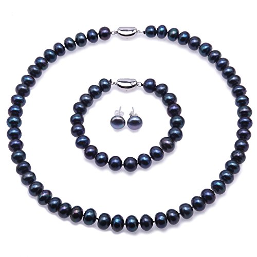 JYX Damen Schmuck Perlenkette Set- 8-9mm Flache Runde Süßwasser Perlenkette, Armband und Ohrstecker Set (Pfau-Blau) von JYX Pearl