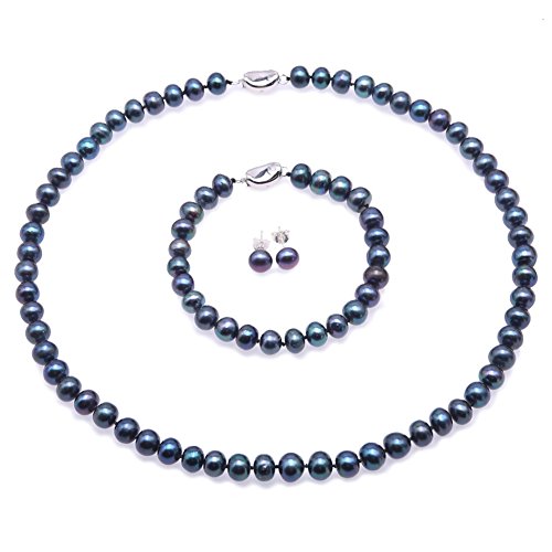 JYX Perlenkette Set - Exquisite 7.5-8.5mm Schwarz Flache Runde Süßwasserperlenkette, Armband, Ohrstecker Set für Damen von JYX Pearl