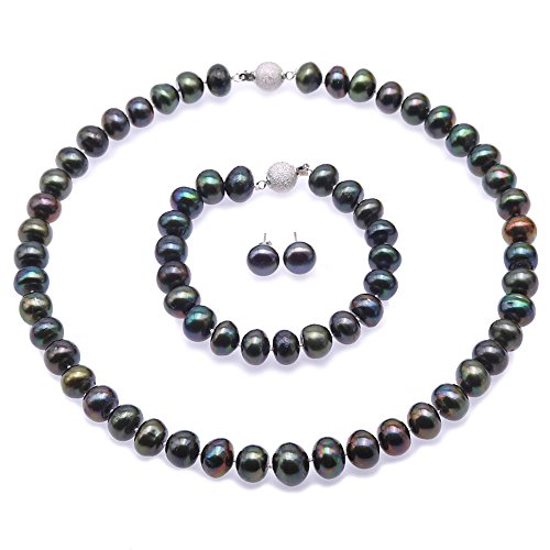 JYX Perlenkette Set 10-12mm Dunkelgrün Süßwasser Zuchtperlen Halskette Armband und Ohrringe Schmuck-Set von JYX Pearl