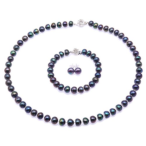 JYX Perlenkette Set 8-9mm Dunkelblau Süßwasser Perlenkette Armband und Ohrringe Schmuck-Set von JYX Pearl