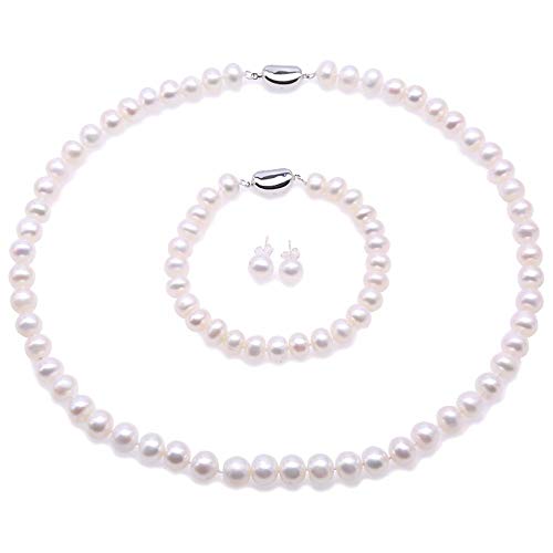 JYX Perlenkette Set 8-9mm Weiß Süßwasser Zuchtperlen Halskette Armband und Ohrringe Schmuck Set Pearl set von JYX Pearl