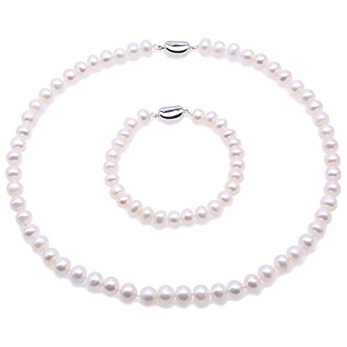 JYX Perlenkette Set 8-9mm perlenkette weiß Süßwasser Zuchtperlen Halskette und Armband Schmuck Set Pearl Set von JYX Pearl