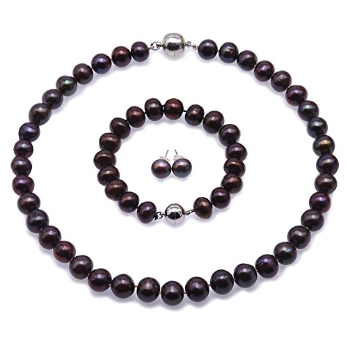 JYX Perlenkette Set Hochzeit - 10-12mm Schwarz Süßwasser Zuchtperlen Halskette Armband und Ohrringe Schmuck-Set von JYX Pearl