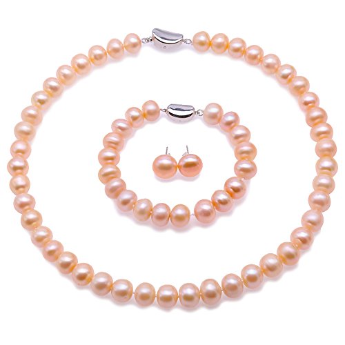 JYX Perlenkette Set perlenkette rosa 10-11mm Rosa Süßwasser Zuchtperlen Halskette Armband und Ohrringe Schmuck-Set von JYX Pearl