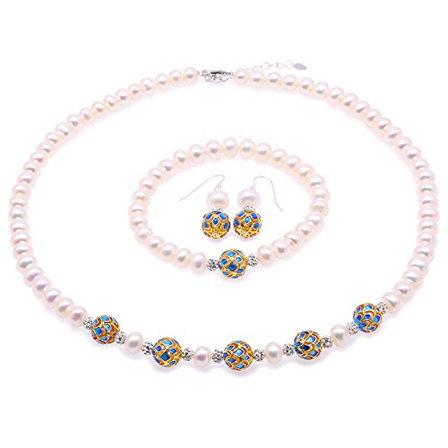 JYX Perlenkette Weiß Set Damen Schmuck 7-8,5mm Süßwasser Zuchtperlen Kette Armband & Ohrringe mit Cloisonné - Modeschmuck Set für Frauen (17,5 "Halskette) von JYX Pearl