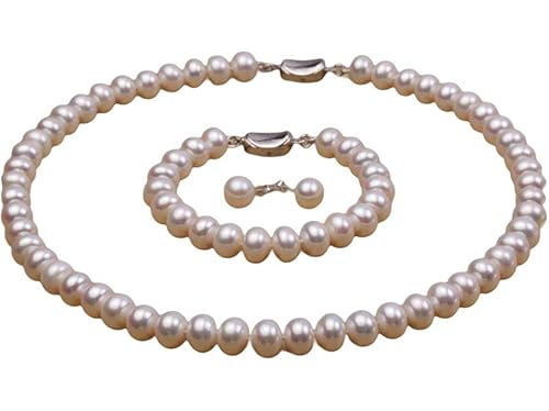 JYX Perlenschmuck Set 11-12mm weiße Süßwasserzuchtperlen Halskette Armband und Ohrstecker Set für Frauen 18" von JYX Pearl