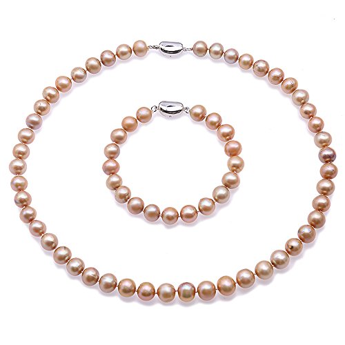 JYX Schmuckset Perlen Schöne 9-10mm Champagner Runde Perlenkette und Armband 18 " von JYX Pearl